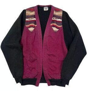 Vtg Jerzees Denim Sweatshirt Rework Jacket Red Patchwork Southwestern Aztec XL